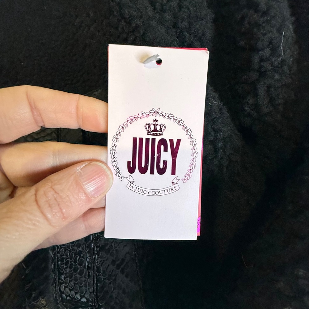 Juicy Couture Black Sherpa Jacket Womens 2X Cropped Y2K McBling Fleece Zip NWT - Picture 5 of 10